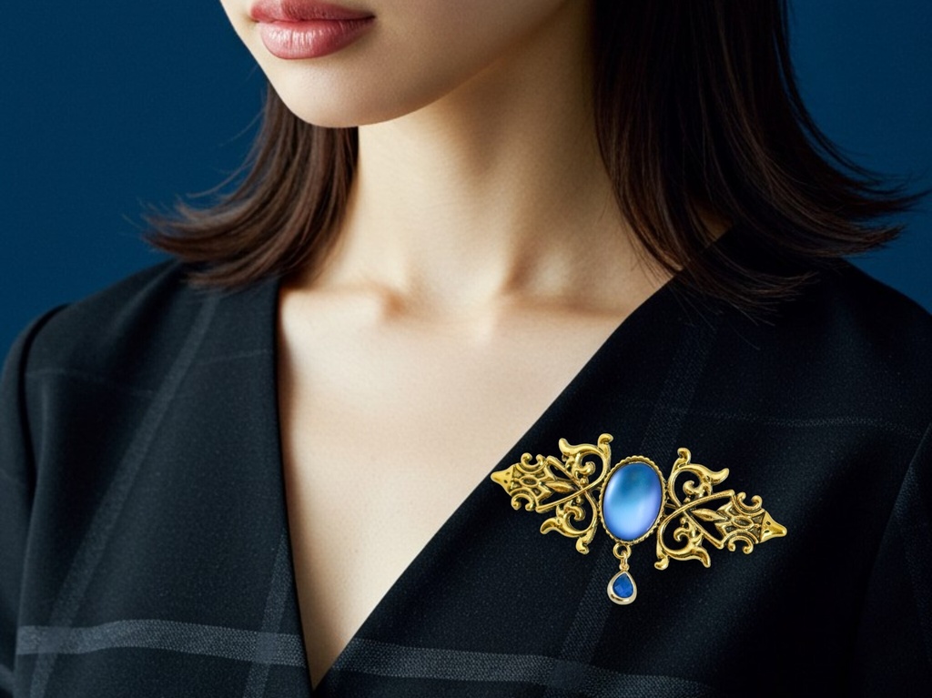 【叡智を照らす蒼の雫)】チェコガラスのアンティークブローチ ブルーバイオレットマット ゴールド金具