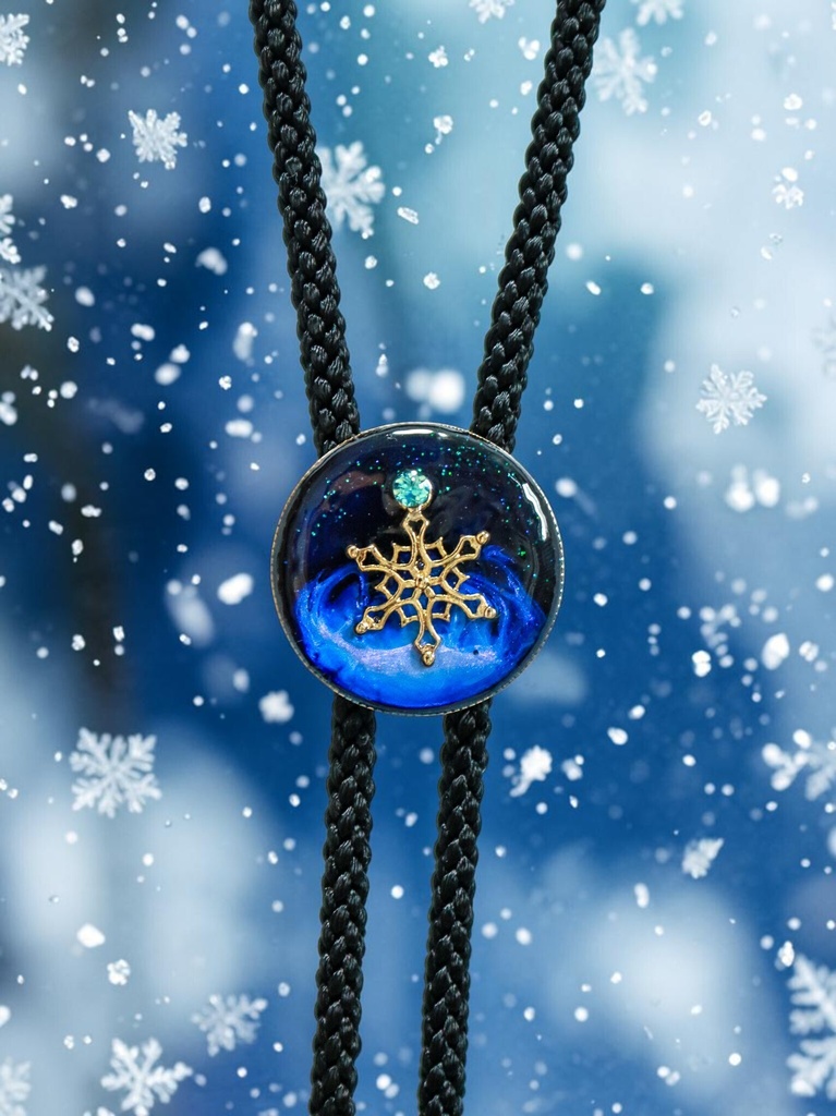 【深淵ブルーと雪の結晶のループタイ】ミッドナイトブルー×オーロラ ゴールド金具