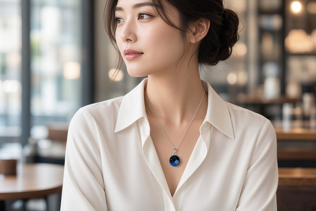 夜明け前の結晶】ちいさなまるい雪の結晶ネックレス ダークブルー×ネオン TOPサイズ15mm ゴールド・シルバー