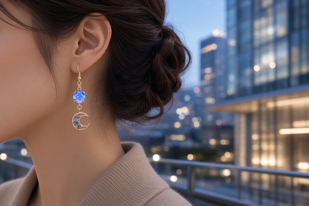 【Celestial Blue】月と星のアシンメトリーピアス ゴールド金具 イヤリング変更可能