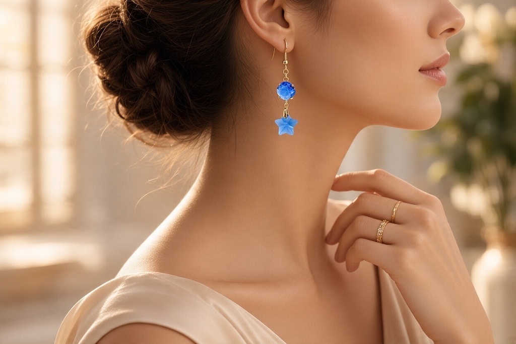 【Celestial Blue】月と星のアシンメトリーピアス ゴールド金具 イヤリング変更可能