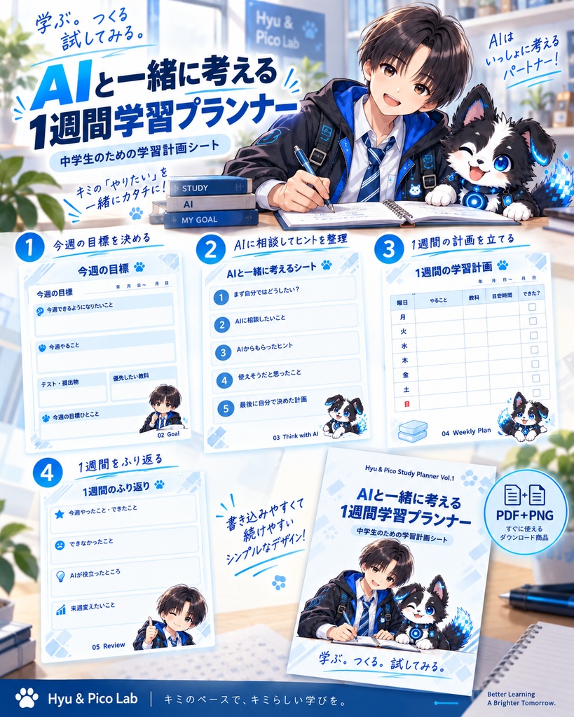 中学生のための「AIと一緒に考える」1週間学習プランナー【PDF+PNG】|Hyu & Pico Lab