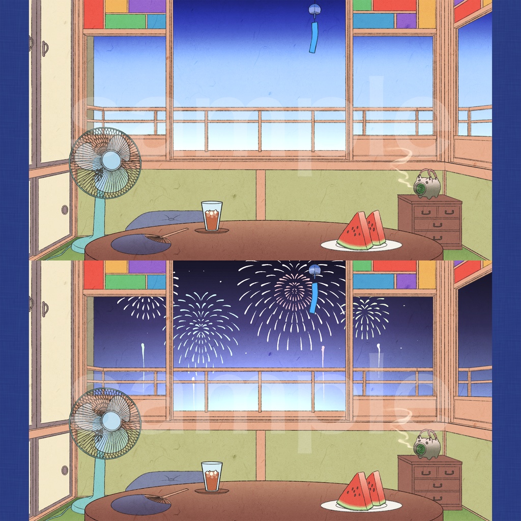 【配信背景】夏の小さな和室【浮世絵風】