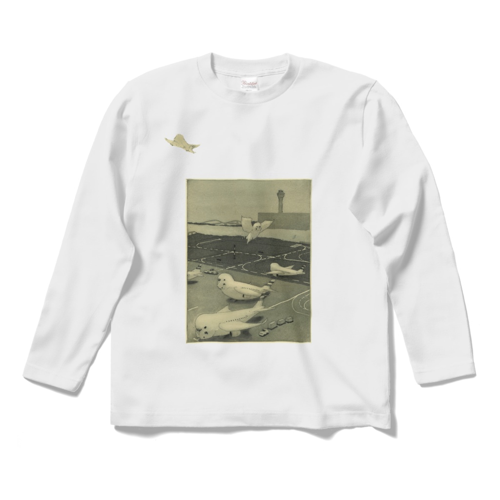 インコのりんちゃん　REAL版画長袖Tシャツ　TAKE OFF!(モノクロ)
