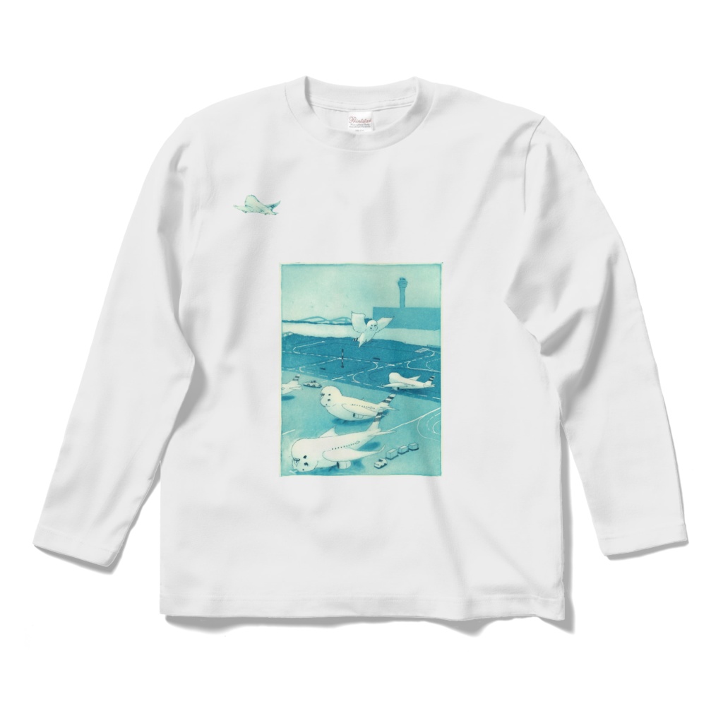 インコのりんちゃん　REAL版画長袖Tシャツ　TAKE OFF!(ターコイズ)