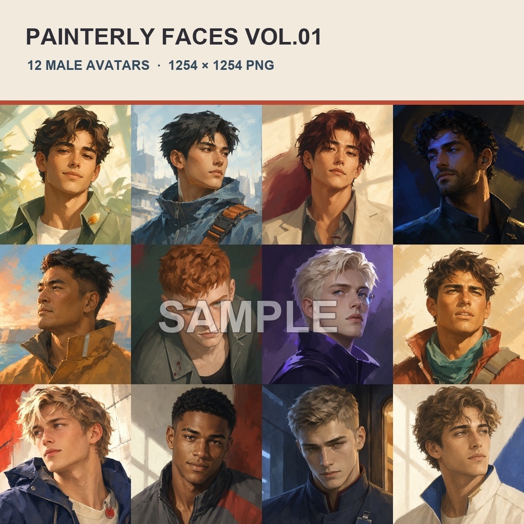 雰囲気のある厚塗り風男性アイコン12種|Painterly Faces Vol.01