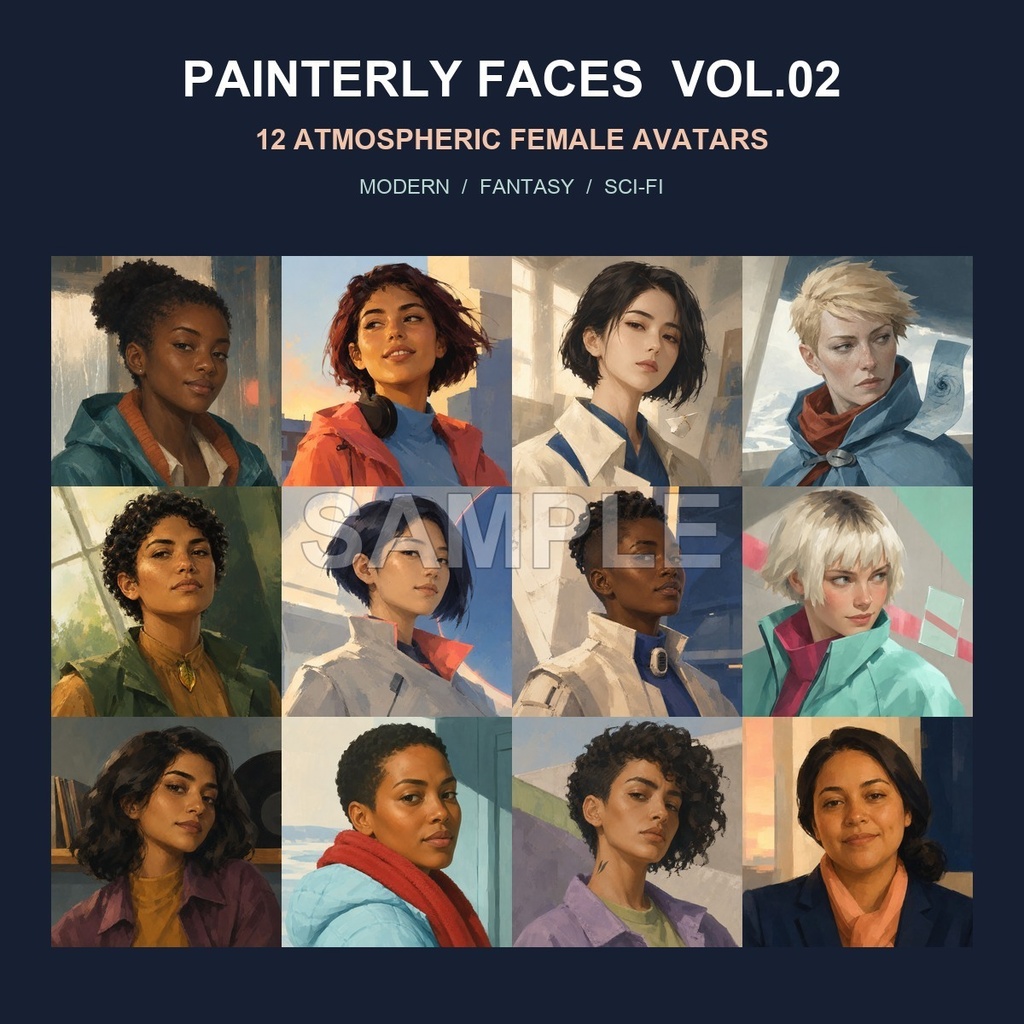 雰囲気のある厚塗り風女性アイコン12種|Painterly Faces Vol.02