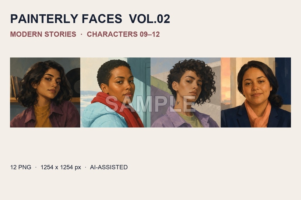 雰囲気のある厚塗り風女性アイコン12種|Painterly Faces Vol.02
