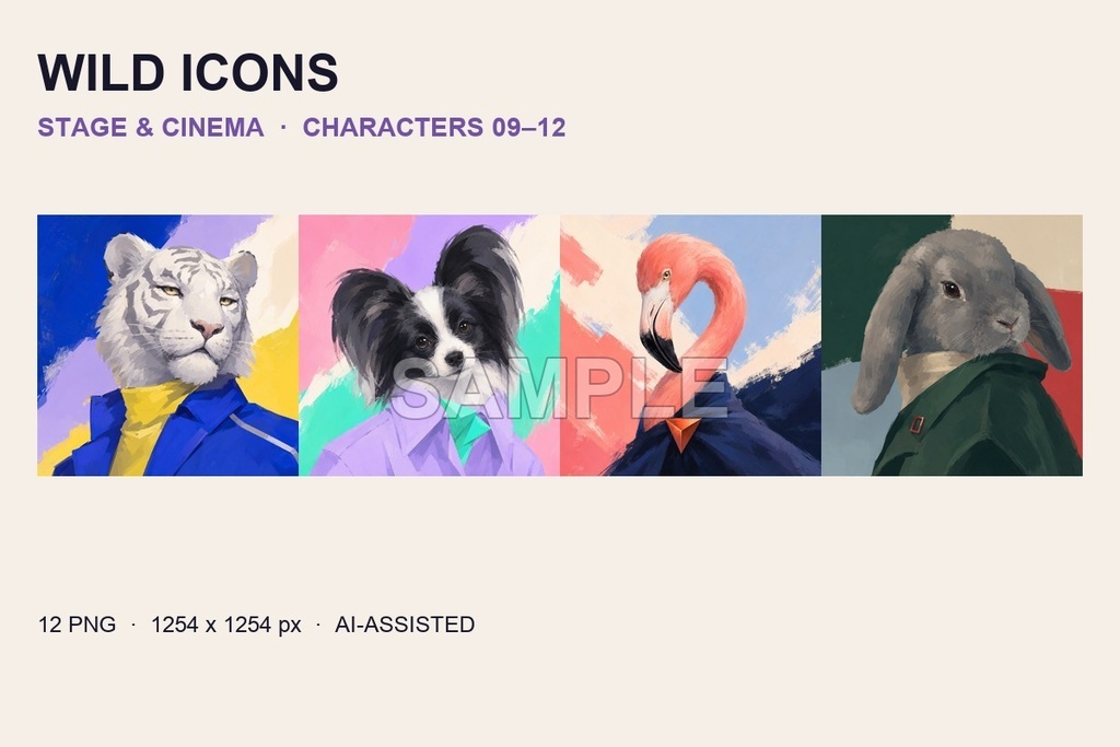 【AI生成】厚塗り風ファッション動物アイコン12種|WILD ICONS