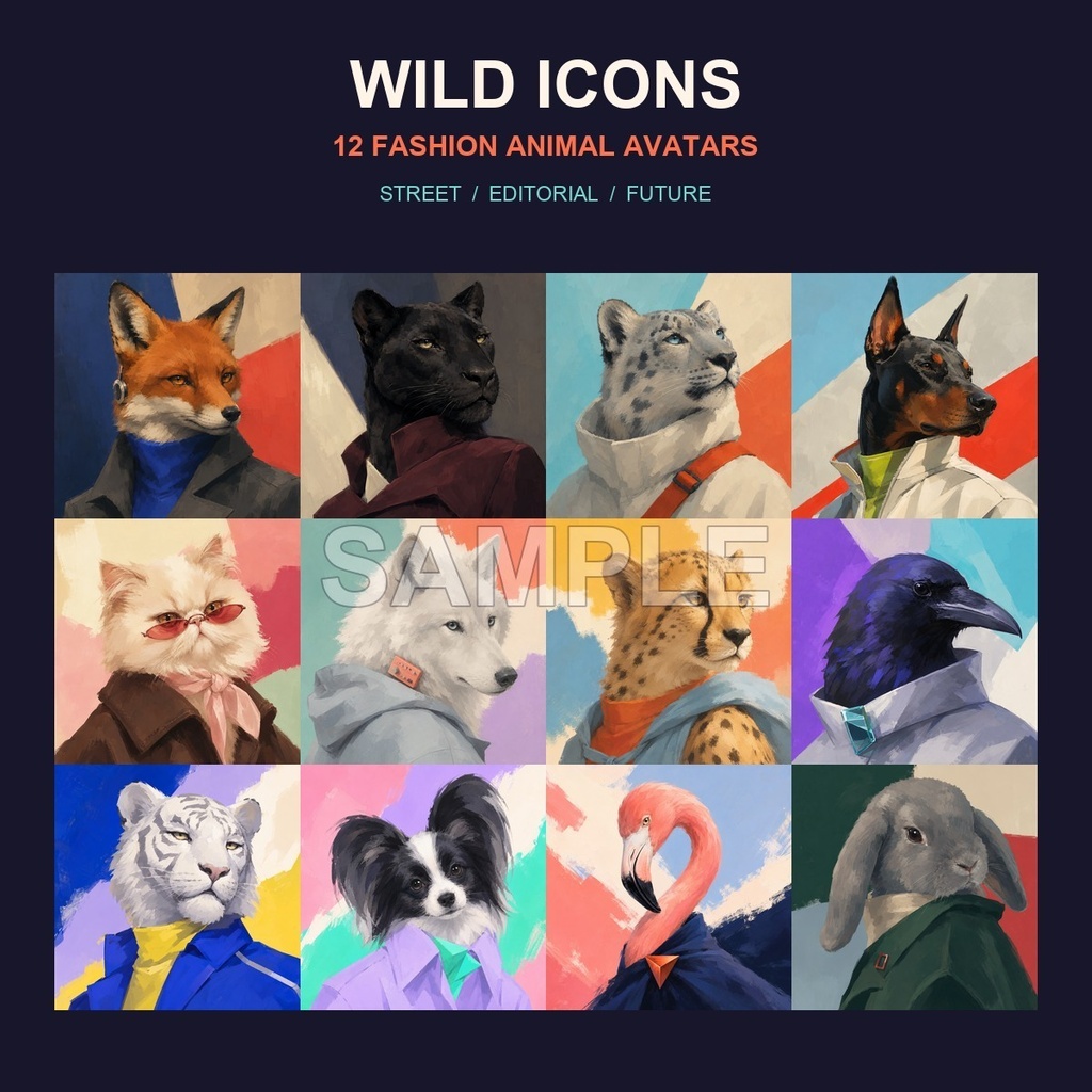 【AI生成】厚塗り風ファッション動物アイコン12種|WILD ICONS