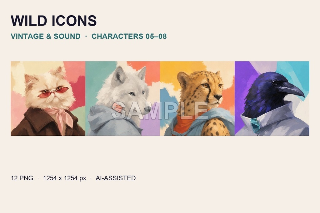 【AI生成】厚塗り風ファッション動物アイコン12種|WILD ICONS