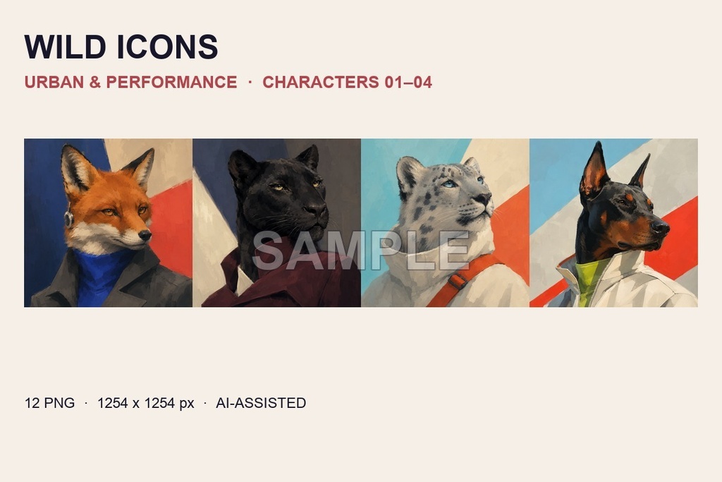 【AI生成】厚塗り風ファッション動物アイコン12種|WILD ICONS