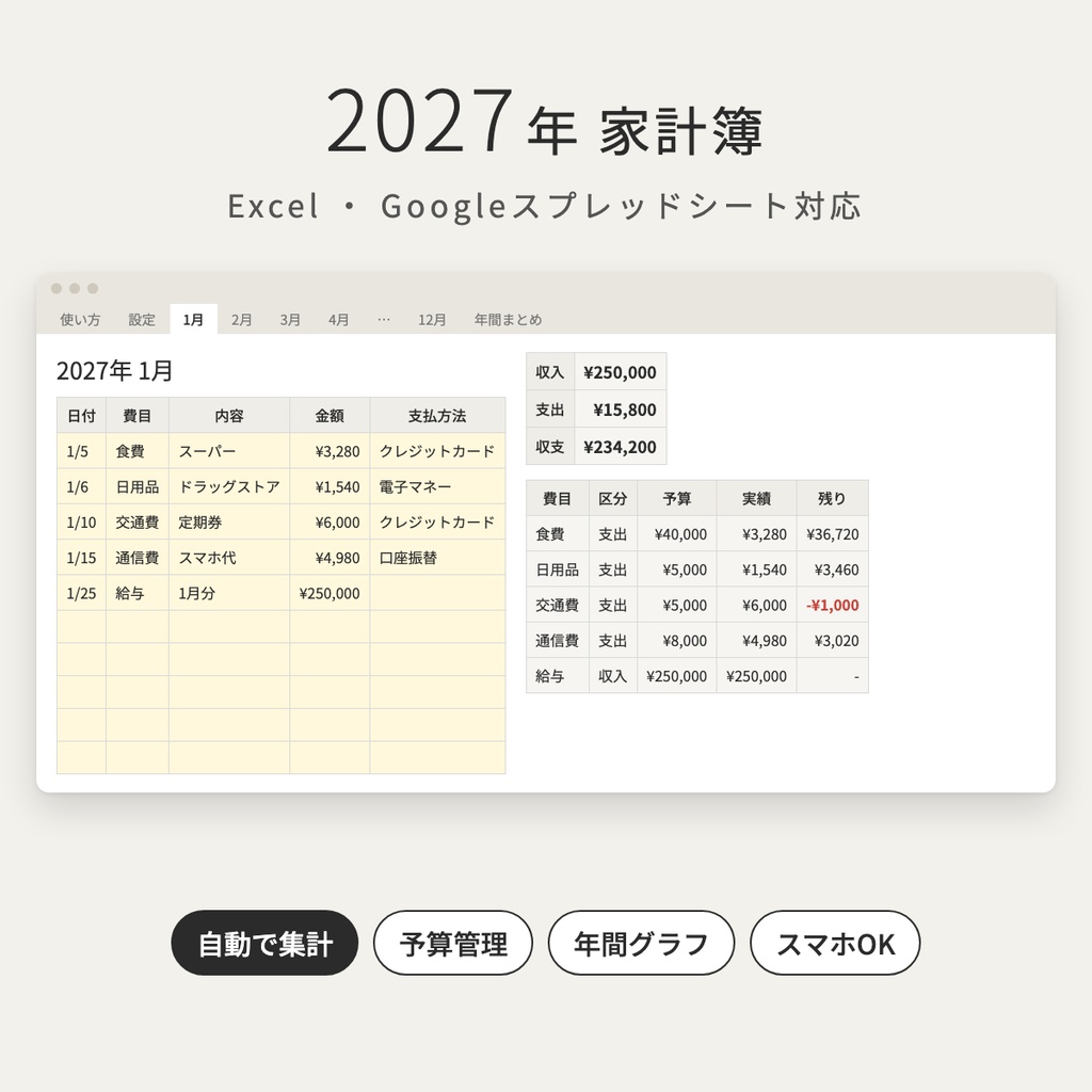 【2027年】シンプル家計簿 Excel・Googleスプレッドシート対応｜自動集計・予算管理・年間グラフつき
