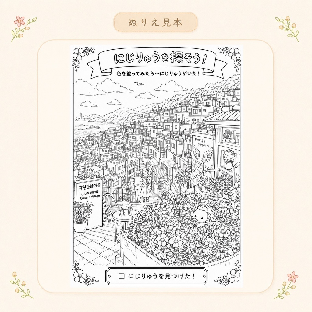 にじりゅうの世界旅行 韓国編【探し絵ぬりえ5枚セット・PDFダウンロード版】