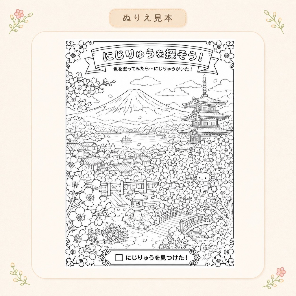 にじりゅうの世界旅行 日本編【探し絵ぬりえ5枚セット・PDFダウンロード版】