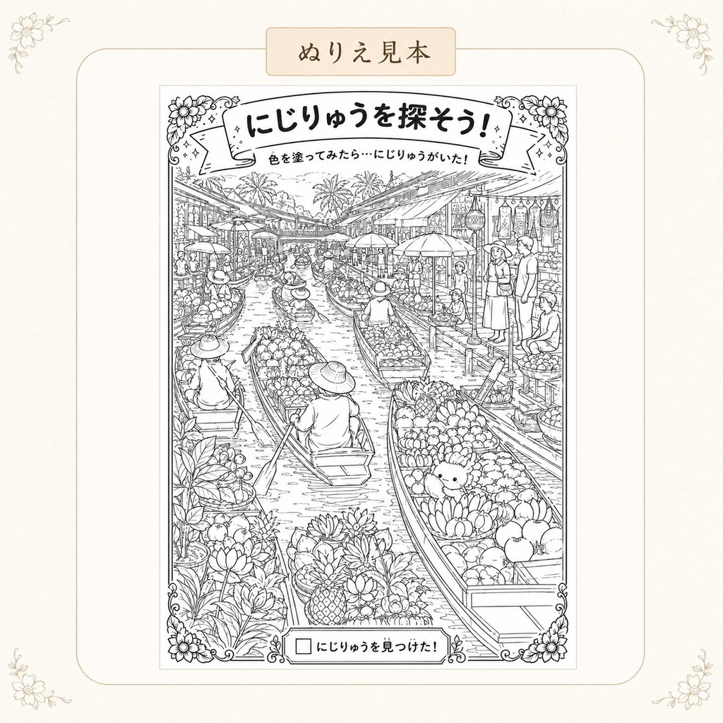 にじりゅうの世界旅行 タイ編【探し絵ぬりえ5枚セット・PDFダウンロード版】