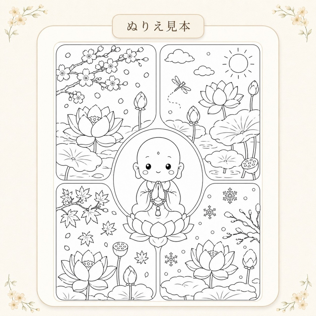 やさしい仏画ぬりえ四季の仏さま編【5枚セット・PDFダウンロード版】