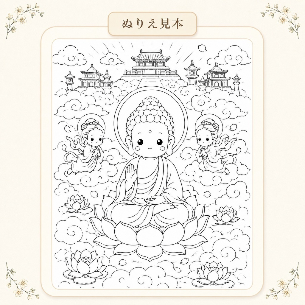 やさしい仏画ぬりえ極楽浄土編【5枚セット・PDFダウンロード版】