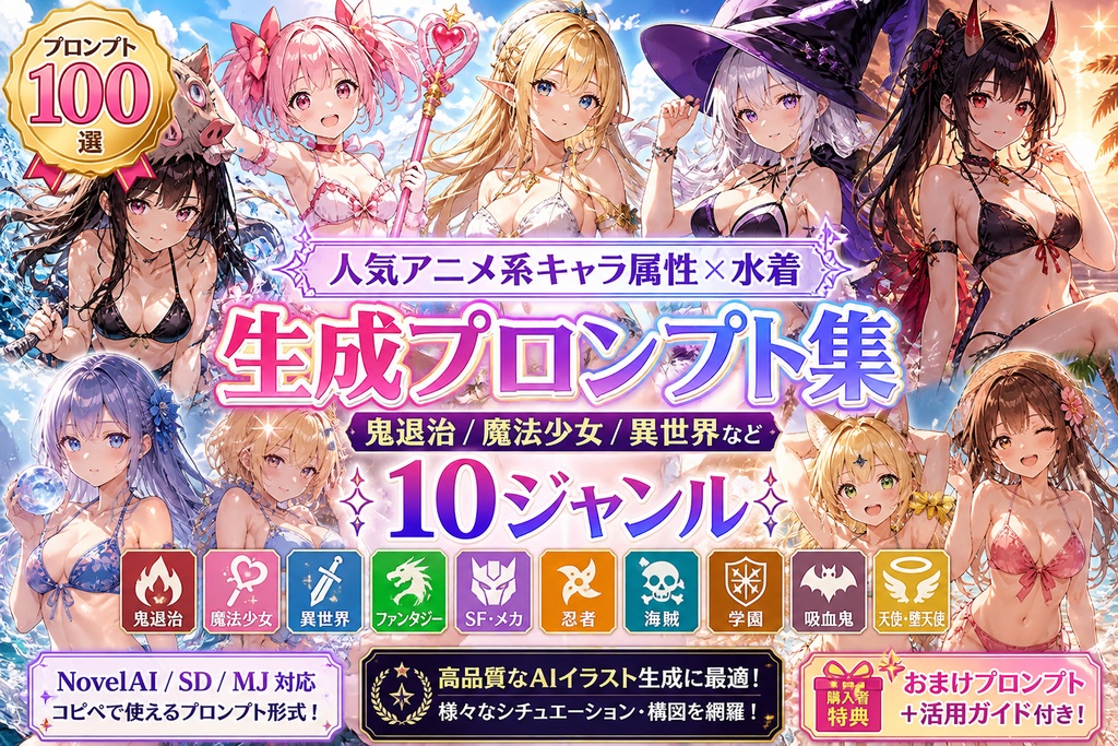 人気アニメ系キャラ属性×水着生成プロンプト集100選【鬼退治/魔法少女/異世界など10ジャンル】【NovelAI/SD/MJ対応】