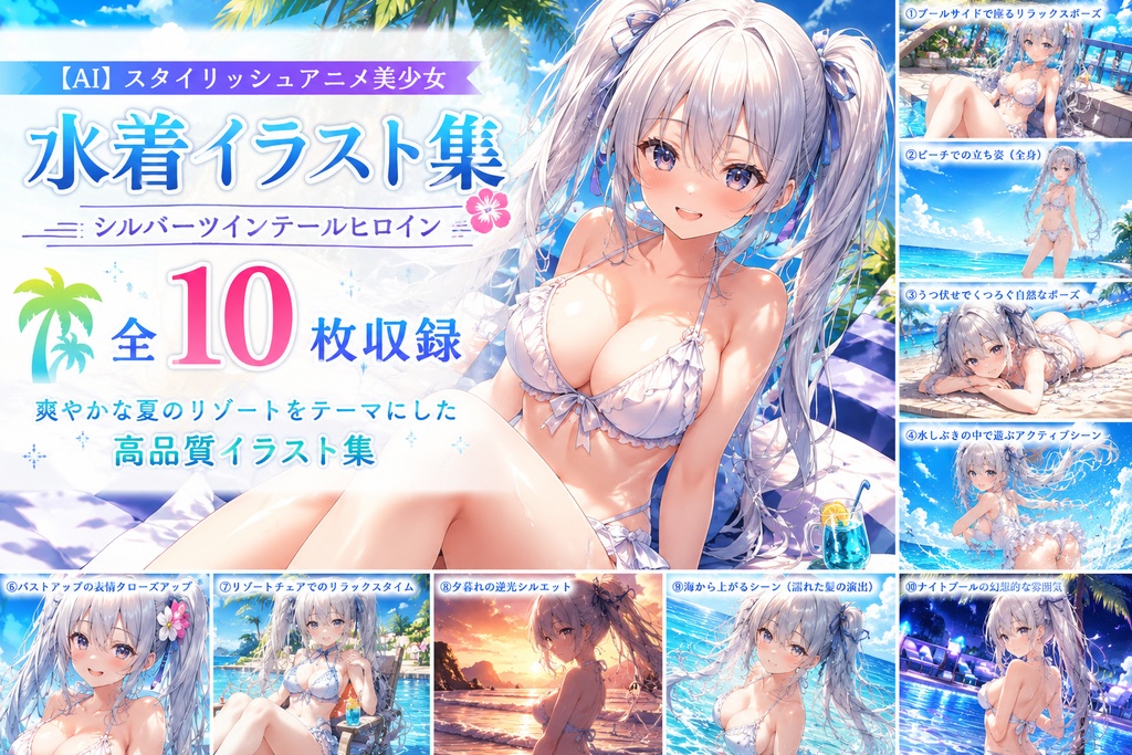 【AI】グラマーアニメ美少女 水着CG集10枚|シルバーツインテールヒロイン【SeaArt/MeinaMix】
