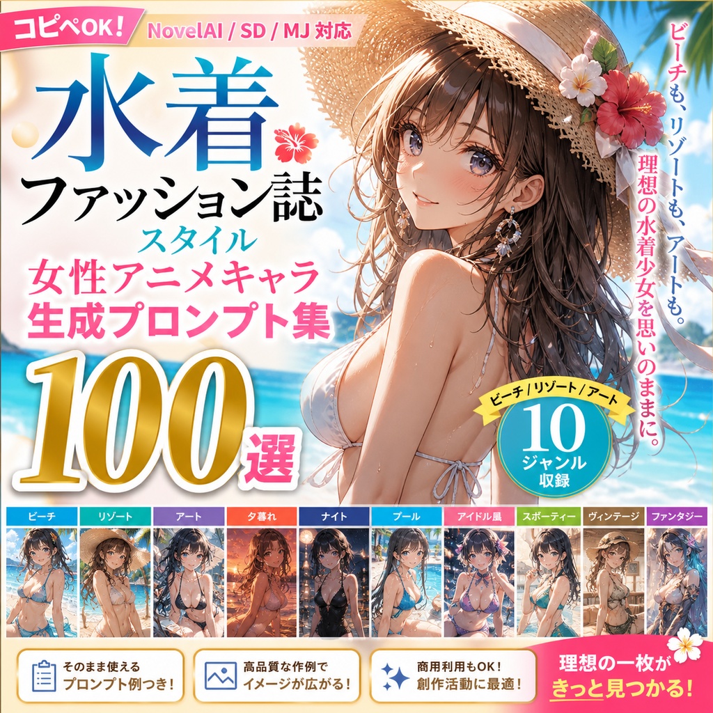 水着ファッション誌スタイル 女性キャラクター生成プロンプト集100選