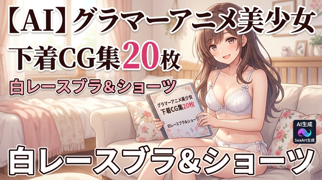 【AI】グラマーアニメ美少女 下着CG集20枚｜白レースブラ＆ショーツ【SeaArt生成】