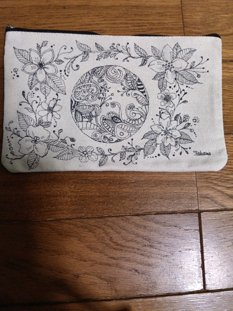 花 ゼンタングルオリジナルポーチ 手描き一点物