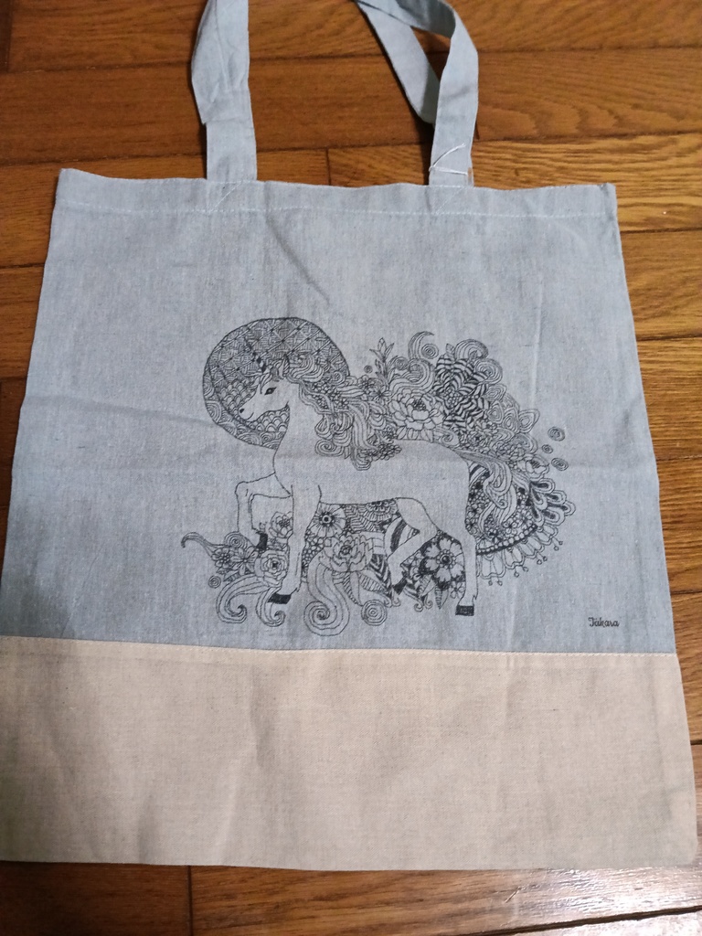 ユニコーンと花 オリジナルエコバッグ 手描き一点物