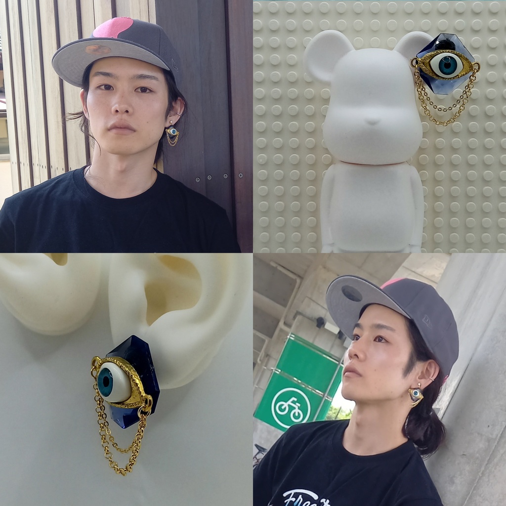 【モデル着用現品】【重】【片耳用】クリアネイビー 目玉 ピアス