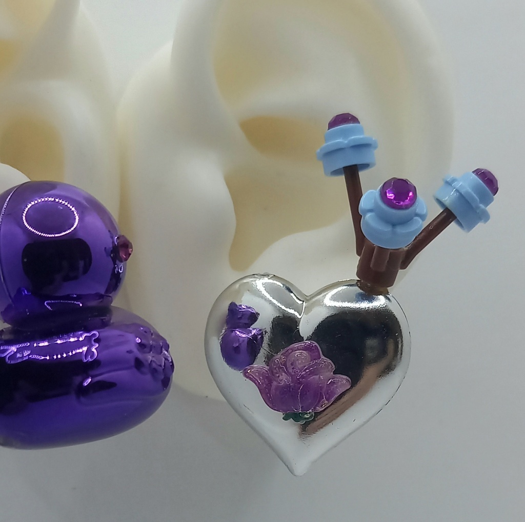 【ちょい重】ホイルチョコハート&ダック フラワー アシンメトリー イヤリング 2種