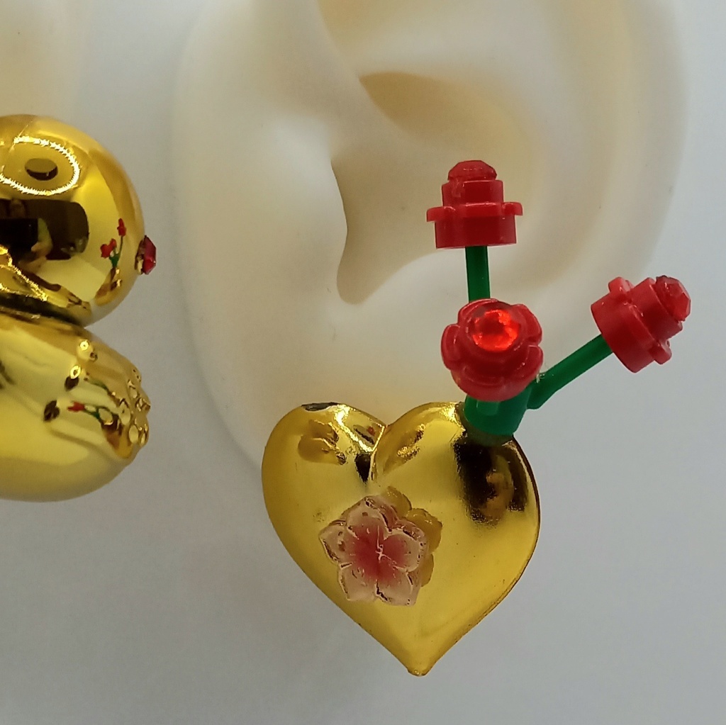 【ちょい重】ホイルチョコハート&ダック フラワー アシンメトリー イヤリング 2種