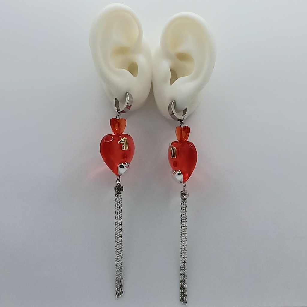 【ちょい重】クリアレッドハート リング ロング ピアス