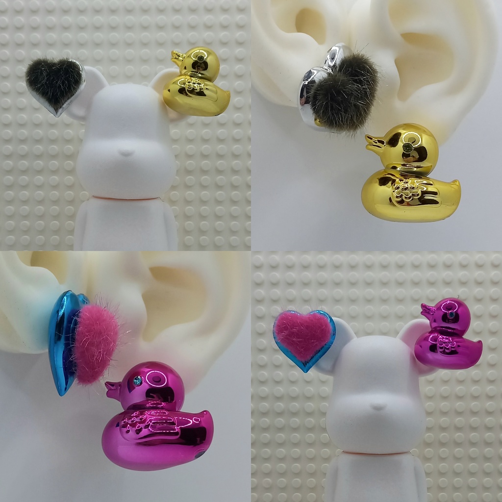 【ちょい重】ホイルチョコハート&ダック ファー アシンメトリー ピアス 2種