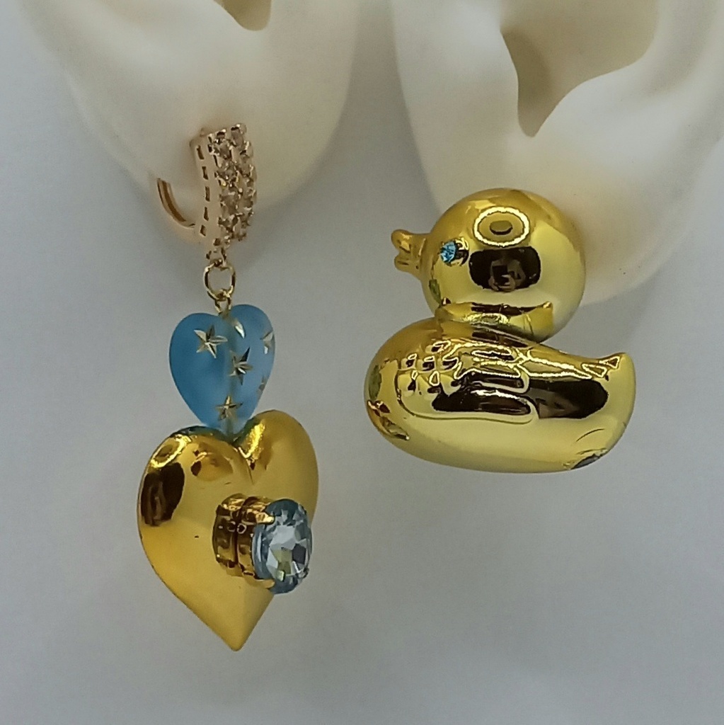 【ちょい重】ホイルチョコハート&ダック アシンメトリー リング スタッド ピアス