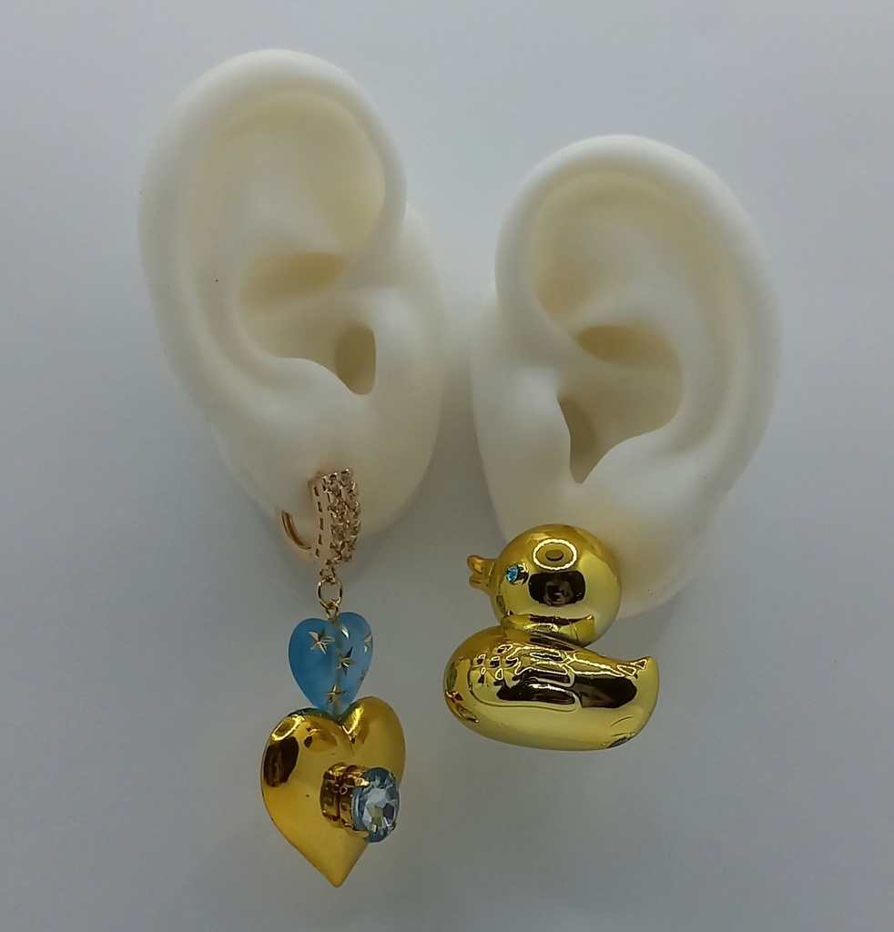 【ちょい重】ホイルチョコハート&ダック アシンメトリー リング スタッド ピアス