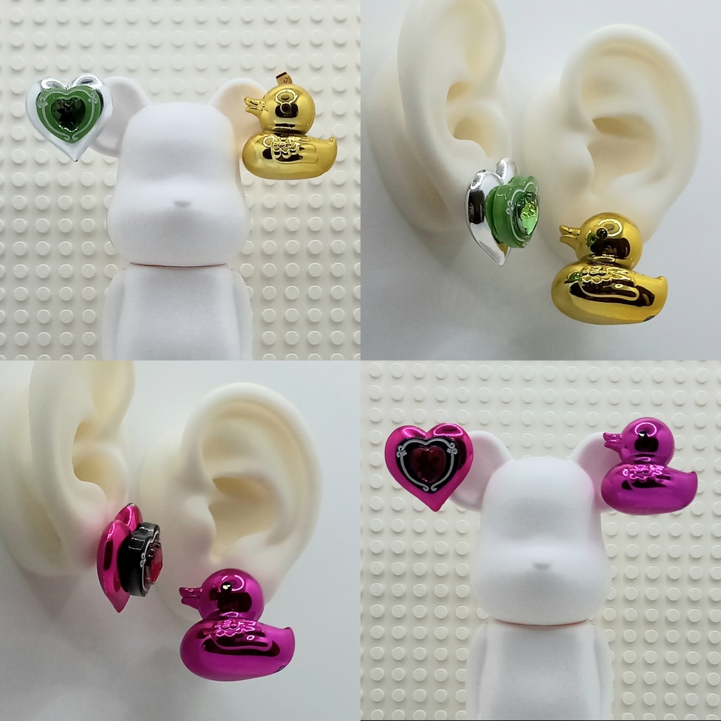 【ちょい重】ホイルチョコハート&ダック ハート アシンメトリー ピアス 2種