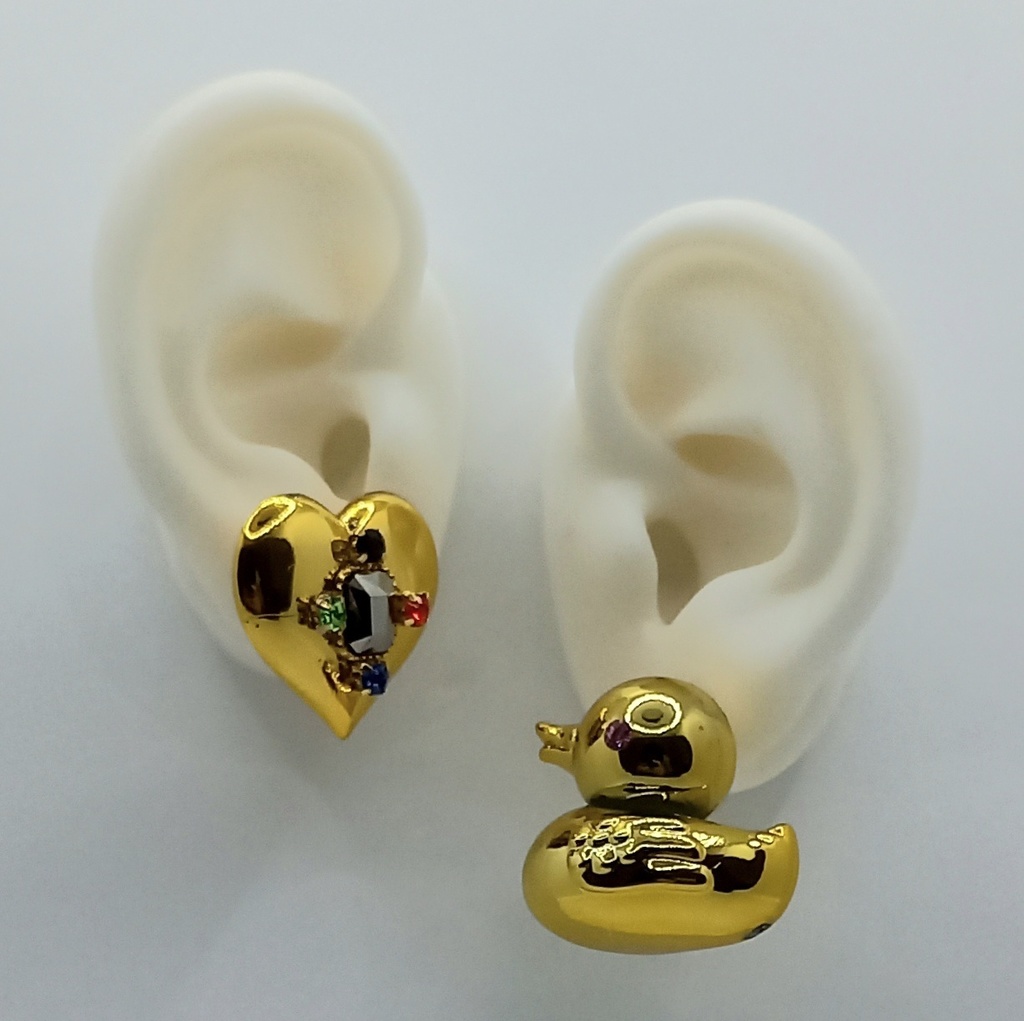 【ちょい重】ホイルチョコハート&ダック カラフルストーン アシンメトリー ピアス