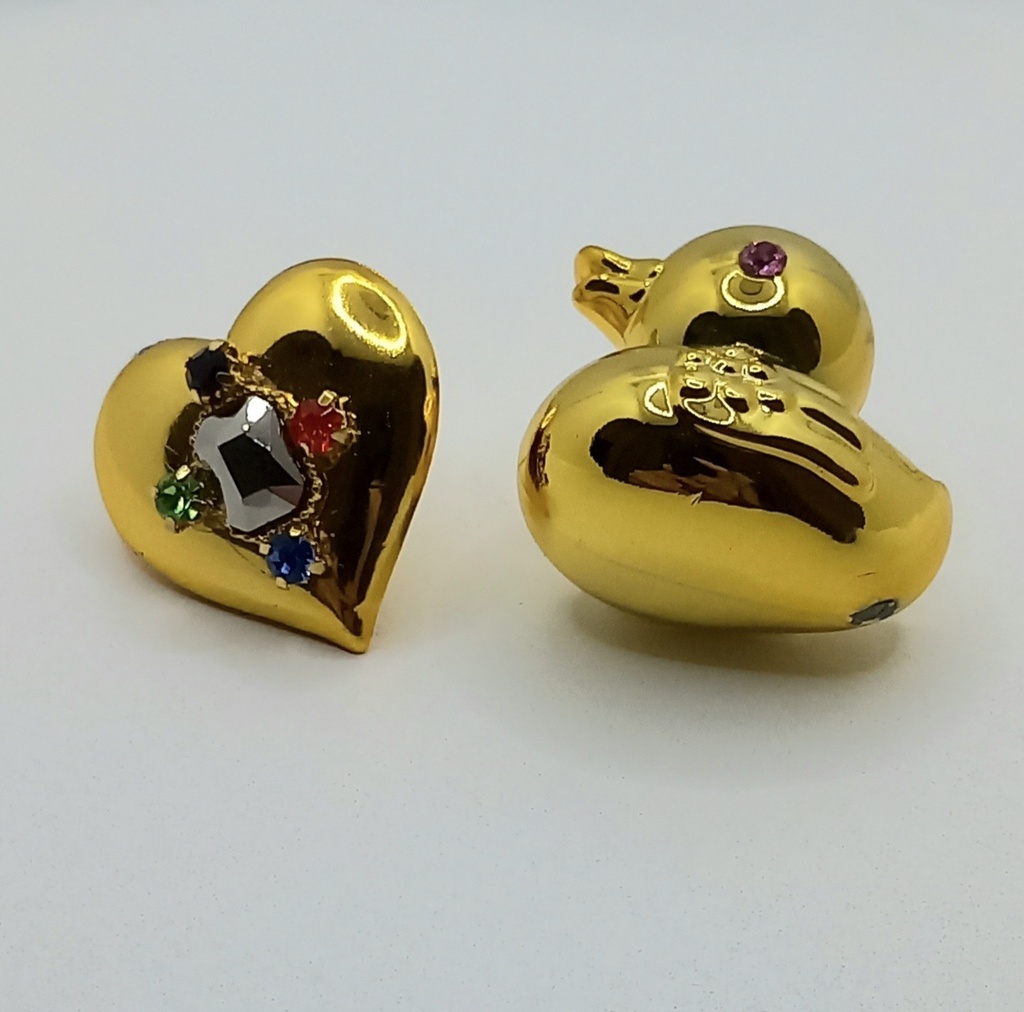 【ちょい重】ホイルチョコハート&ダック カラフルストーン アシンメトリー ピアス