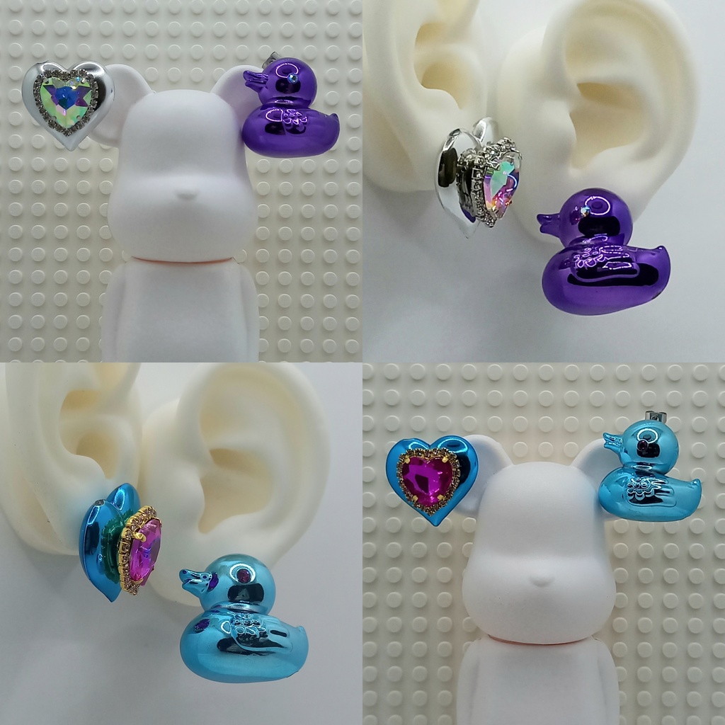 【ちょい重】ホイルチョコハート&ダック アシンメトリー ハートビジュー ピアス 2種