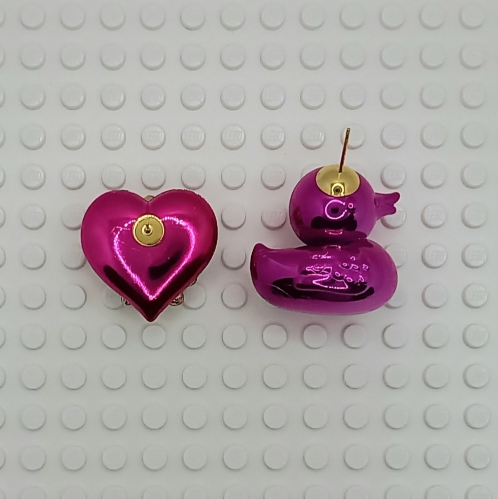 【ちょい重】ホイルチョコハート&ダック アシンメトリー パールビジュー ピアス