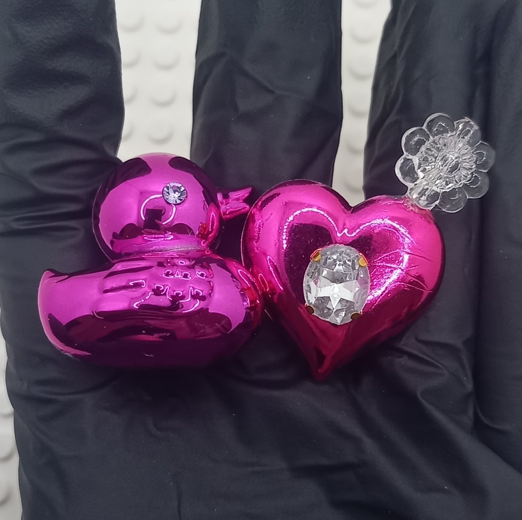 【ちょい重】ホイルチョコハート&ダック クリアフラワー アシンメトリー イヤリング