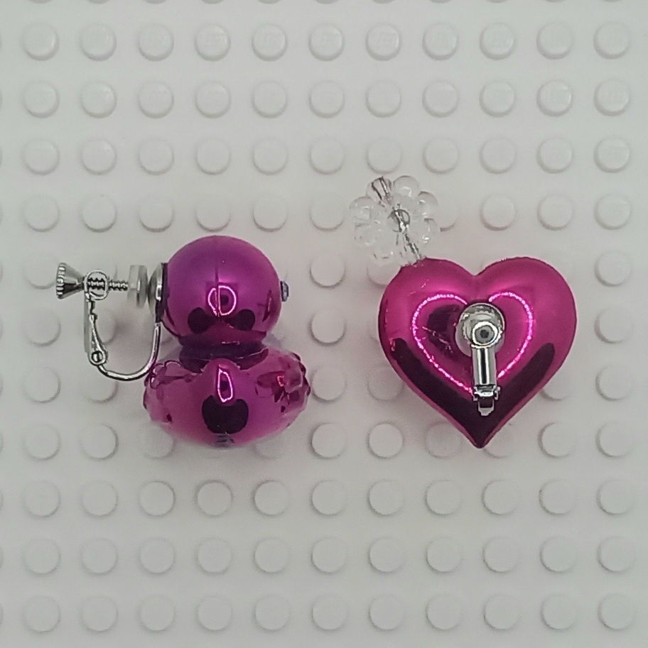 【ちょい重】ホイルチョコハート&ダック クリアフラワー アシンメトリー イヤリング