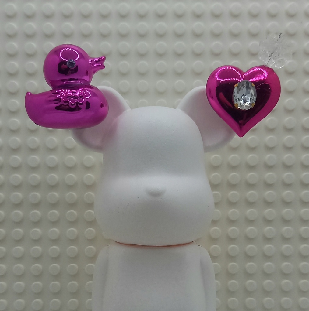 【ちょい重】ホイルチョコハート&ダック クリアフラワー アシンメトリー イヤリング