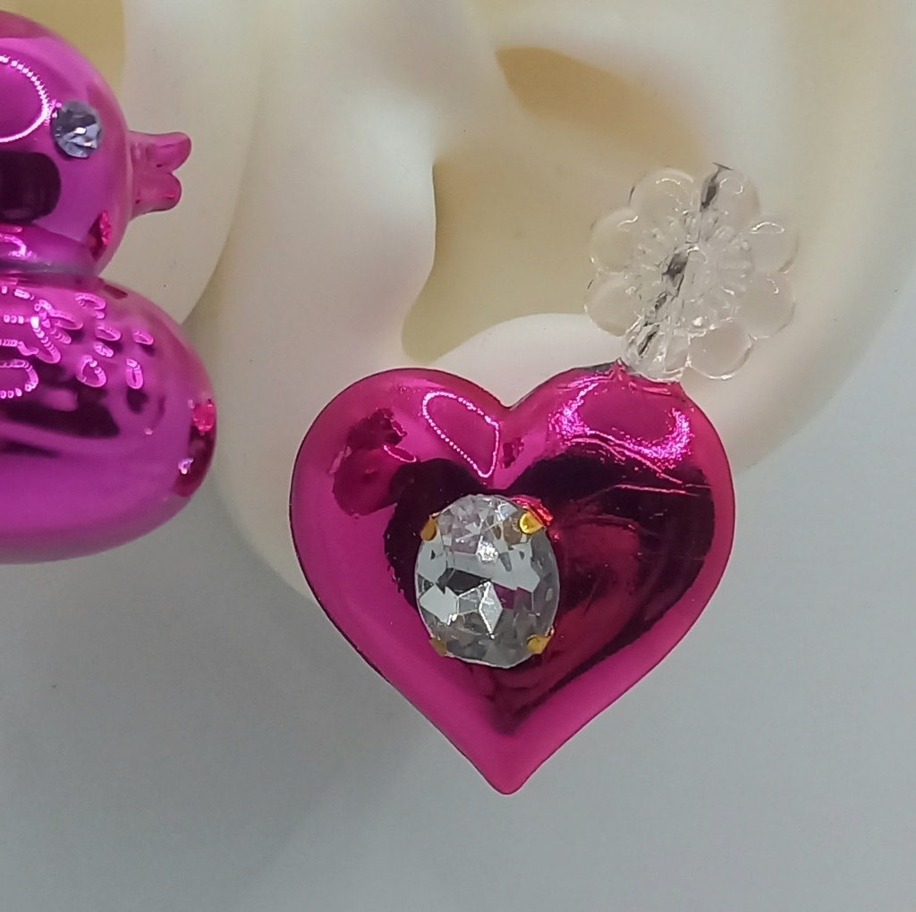 【ちょい重】ホイルチョコハート&ダック クリアフラワー アシンメトリー イヤリング