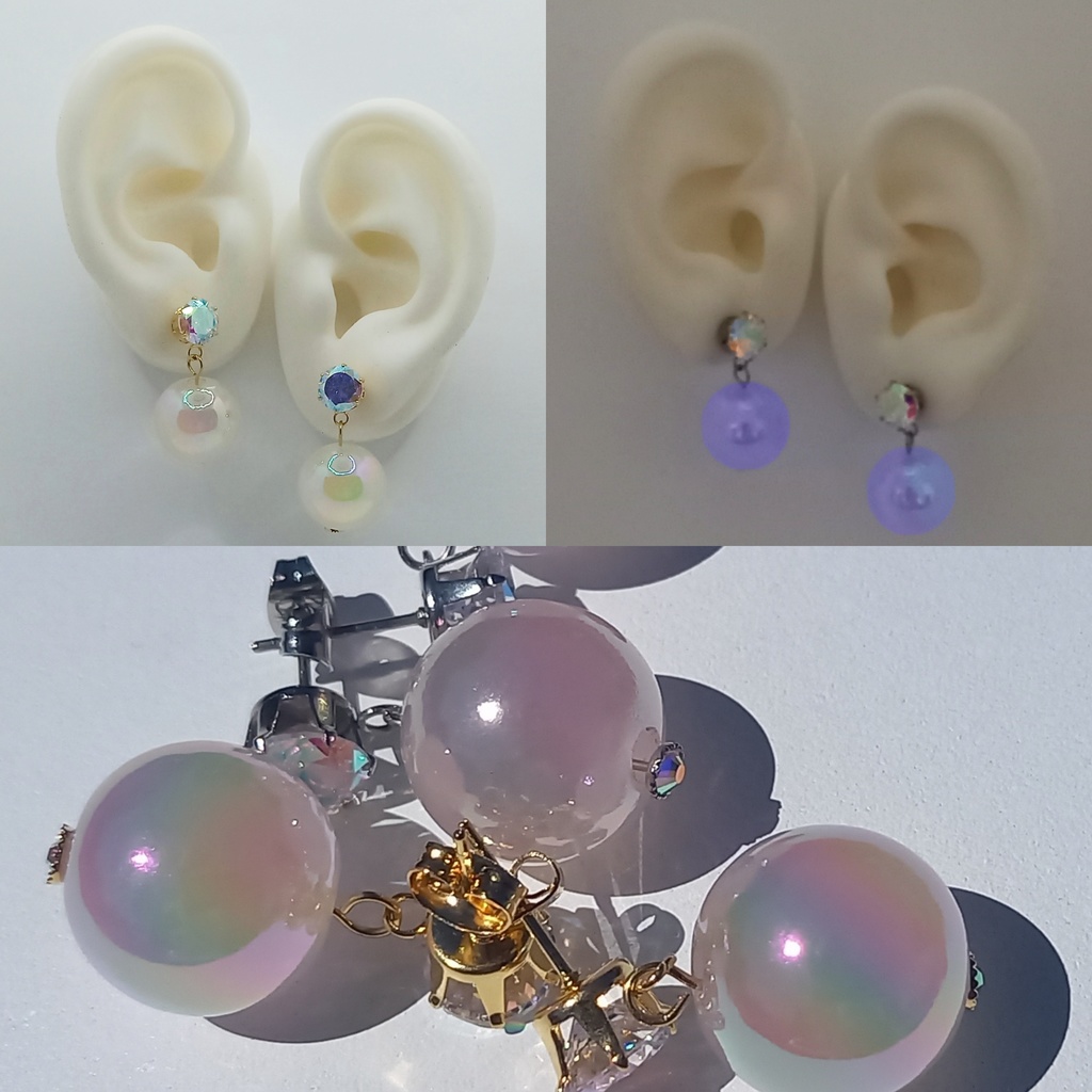 【軽量】大粒 オーロラ シャボン カラーチェンジ 蓄光 ピアス 2種