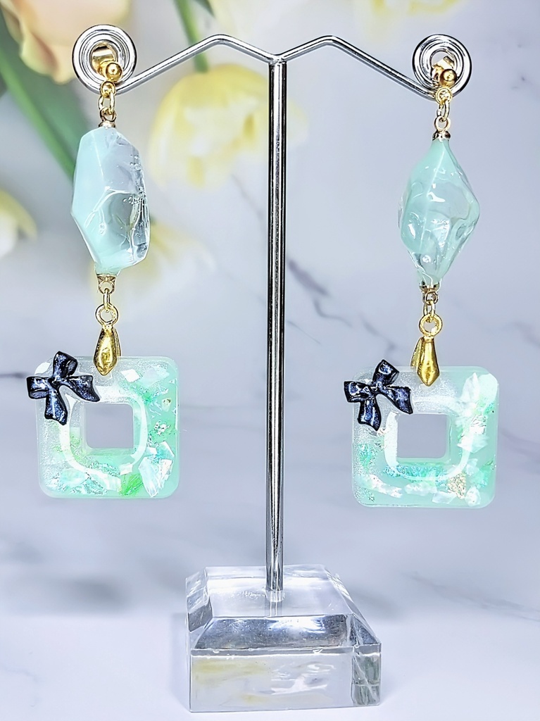 レジンアクセサリー ピアス グリーン系No.04