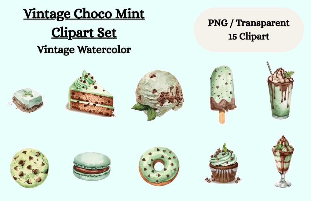 チョコミントクリップアート15点セット　PNG背景透過