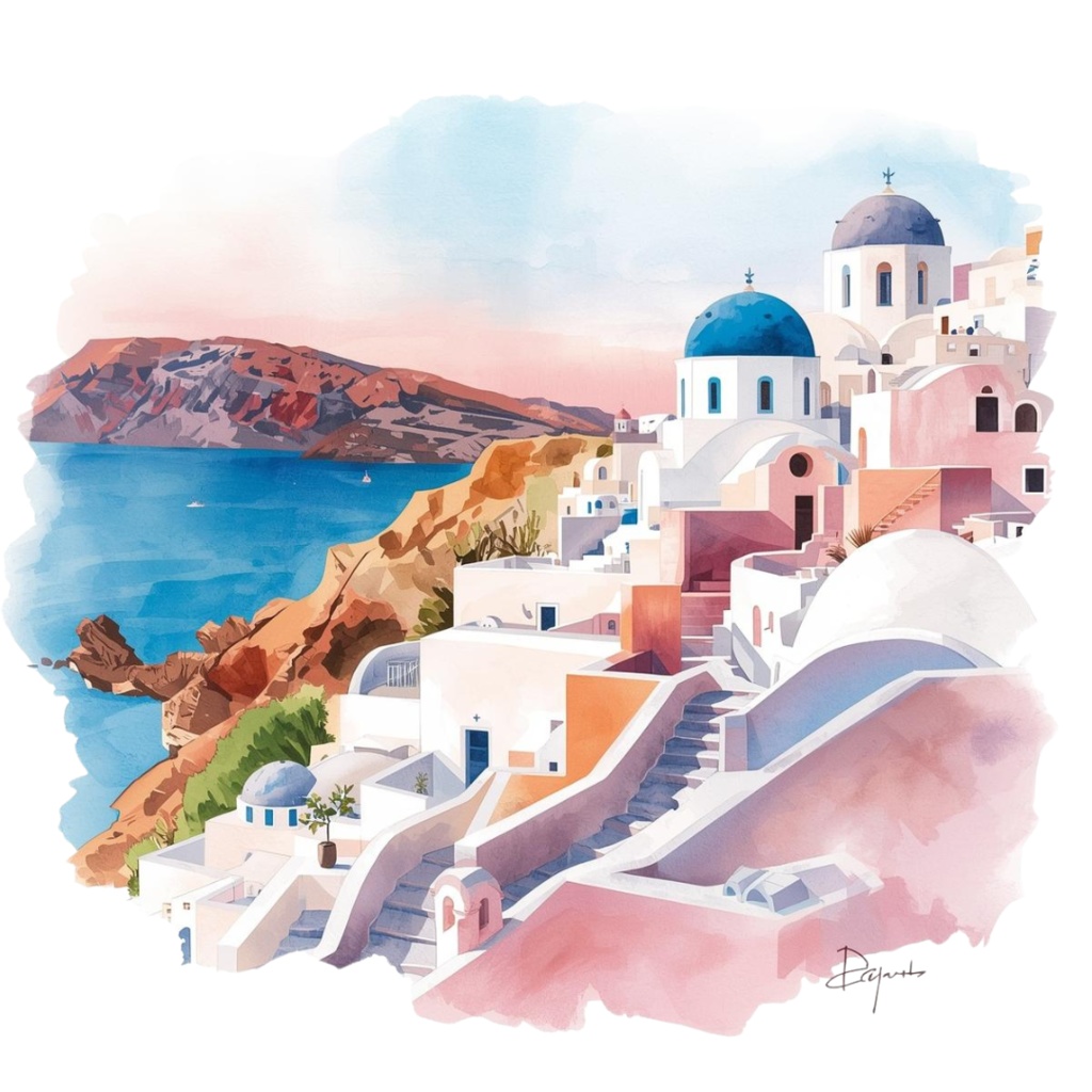 旅行クリップアートセット|水彩・ピンク・アンティーク|透過PNG|世界の街並みイラスト 10点