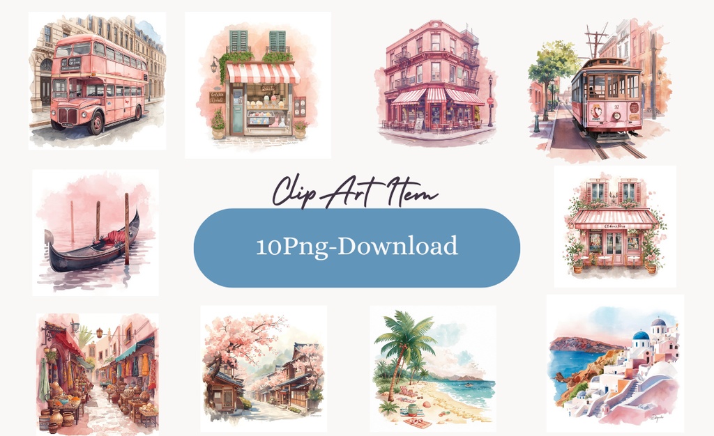 旅行クリップアートセット｜水彩・ピンク・アンティーク｜透過PNG｜世界の街並みイラスト 10点