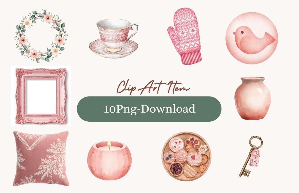 北欧ピンク・ヴィンテージ水彩クリップアートセット（北欧風PNG10点）